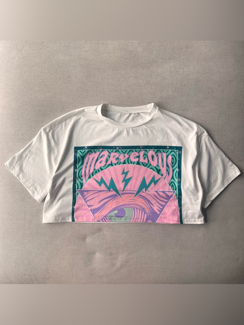 SHEIN White Eye Graphic Cropped Oversized Tshirt Women’s XS Pastel Hippie Boho